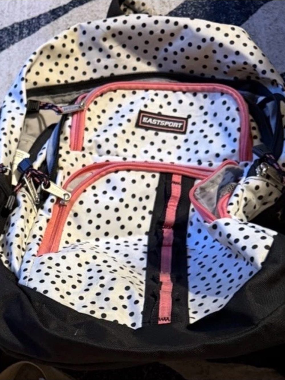 Eastsport Women's Polka Dot Backpack in White with Pink Trim